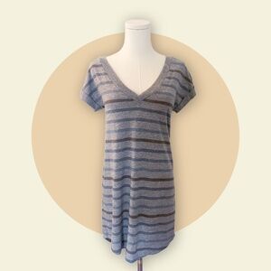 Chaser V Neck T-Shirt Dress in Heather Grey and Multi Stripe XS
